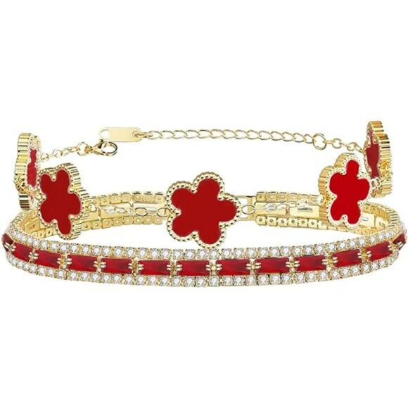 Stackable Bracelet Set for Women 18K Gold Plated Flower Cubic Zirconia Tennis - Picture 1 of 7